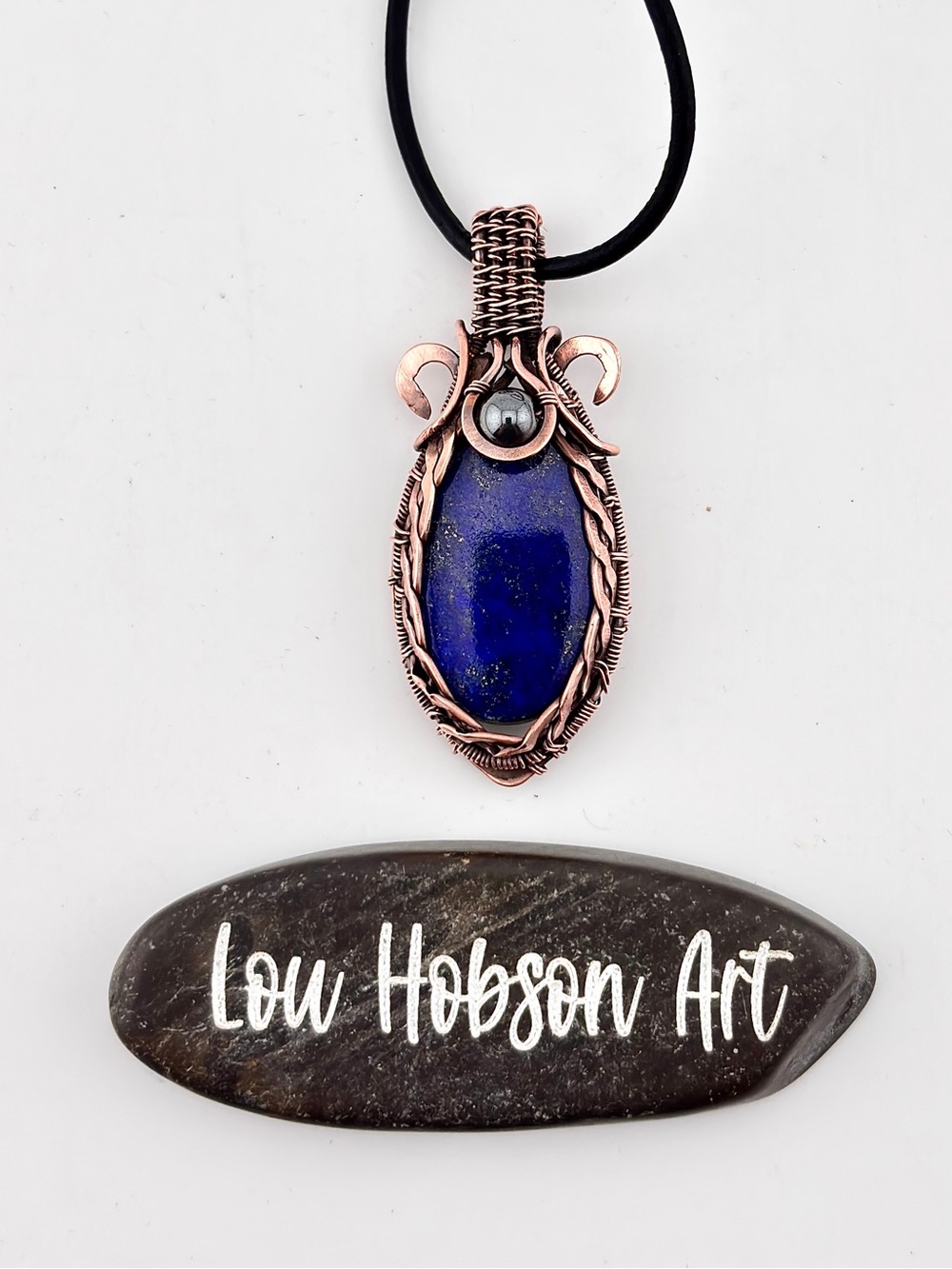 HANDMADE Lapis Lazuli Hematite Copper Wire Wrapped Masculine Pendant Necklace